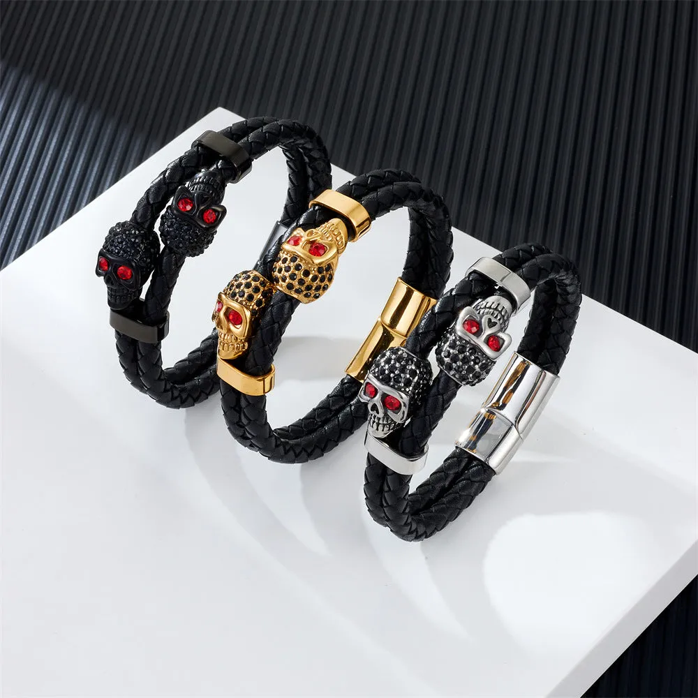 Wholesale Cowhide Stainless Steel Skull Braided Men's Bracelet light_wish_jewels