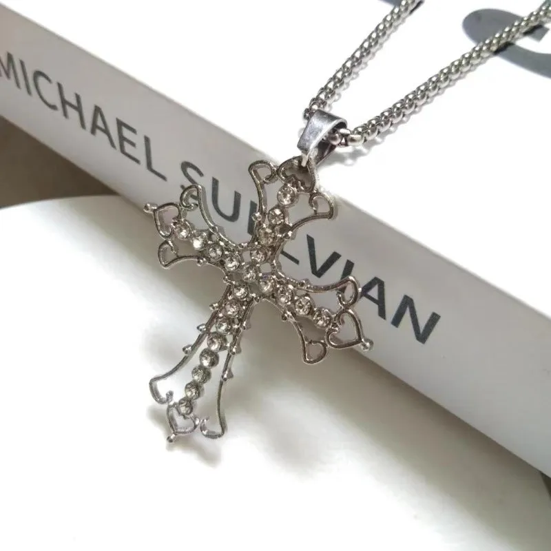 Wholesale Cross Diamond Hollow Sweater Necklace
