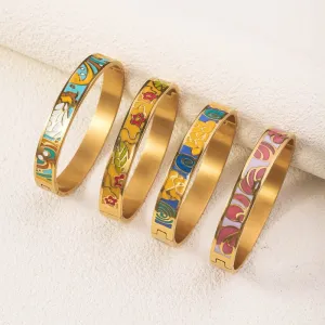 Wholesale Drop Glazed Enamel Wide Edged Patterned Stainless Steel 18k Genuine Gold Electroplated Titanium Steel Bracelet light_wish_jewels