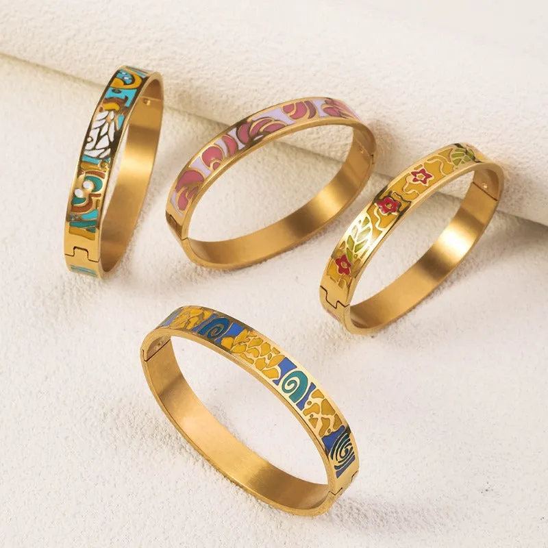 Wholesale Drop Glazed Enamel Wide Edged Patterned Stainless Steel 18k Genuine Gold Electroplated Titanium Steel Bracelet