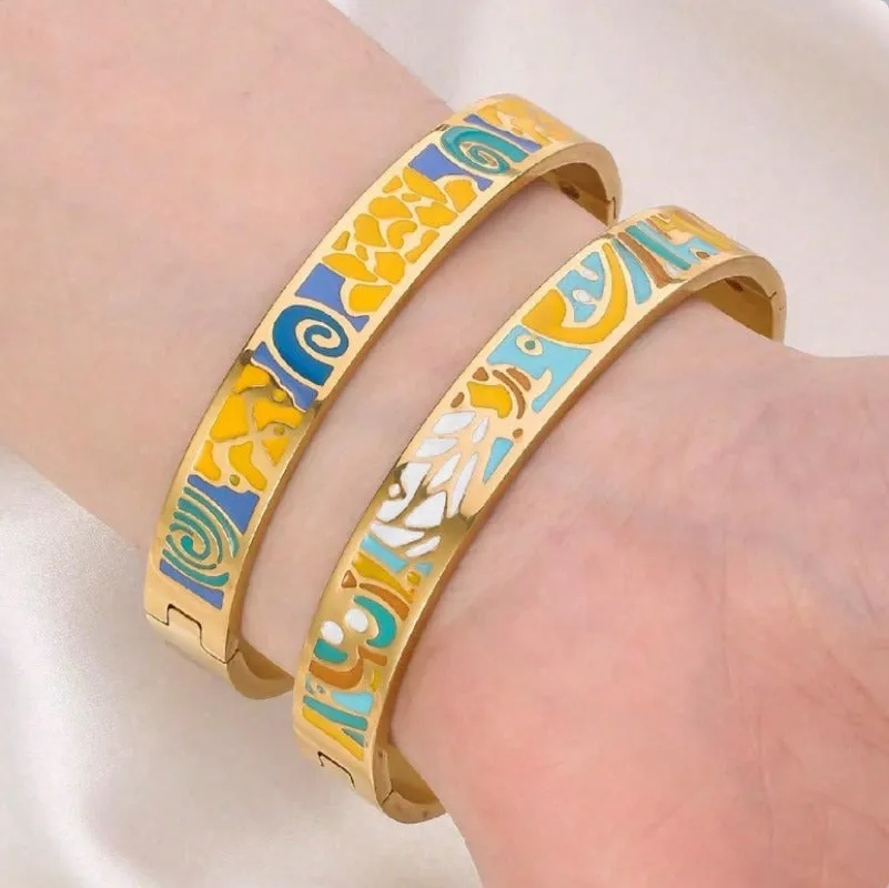 Wholesale Drop Glazed Enamel Wide Edged Patterned Stainless Steel 18k Genuine Gold Electroplated Titanium Steel Bracelet
