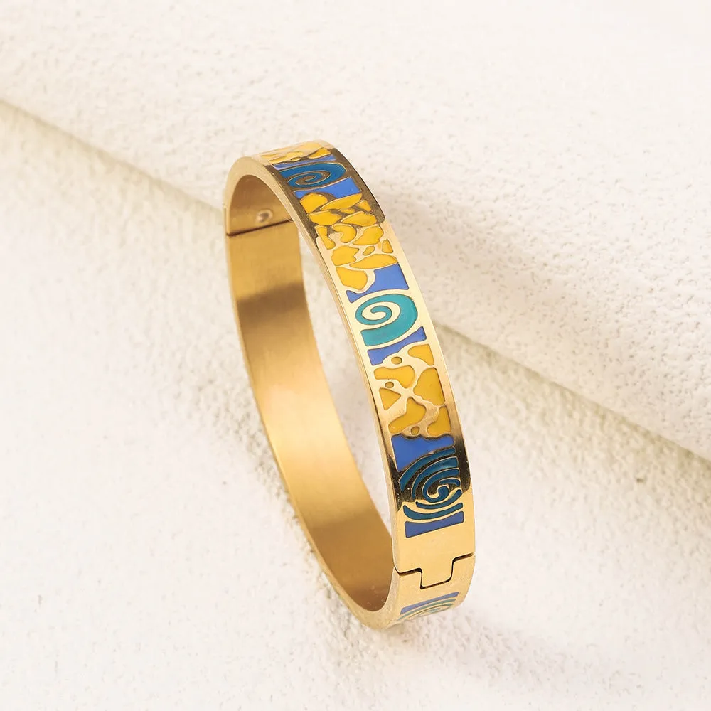 Wholesale Drop Glazed Enamel Wide Edged Patterned Stainless Steel 18k Genuine Gold Electroplated Titanium Steel Bracelet