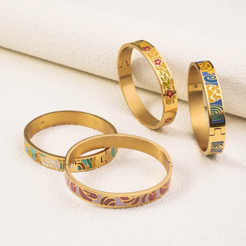Wholesale Drop Glazed Enamel Wide Edged Patterned Stainless Steel 18k Genuine Gold Electroplated Titanium Steel Bracelet