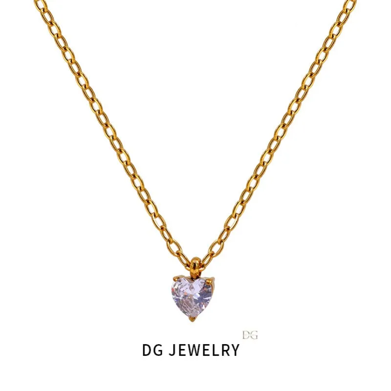 Wholesale European and American Fashion, Simple and High-end, Niche Stainless Steel Heart Shaped Zircon Inlaid Necklaces light_wish_jewels