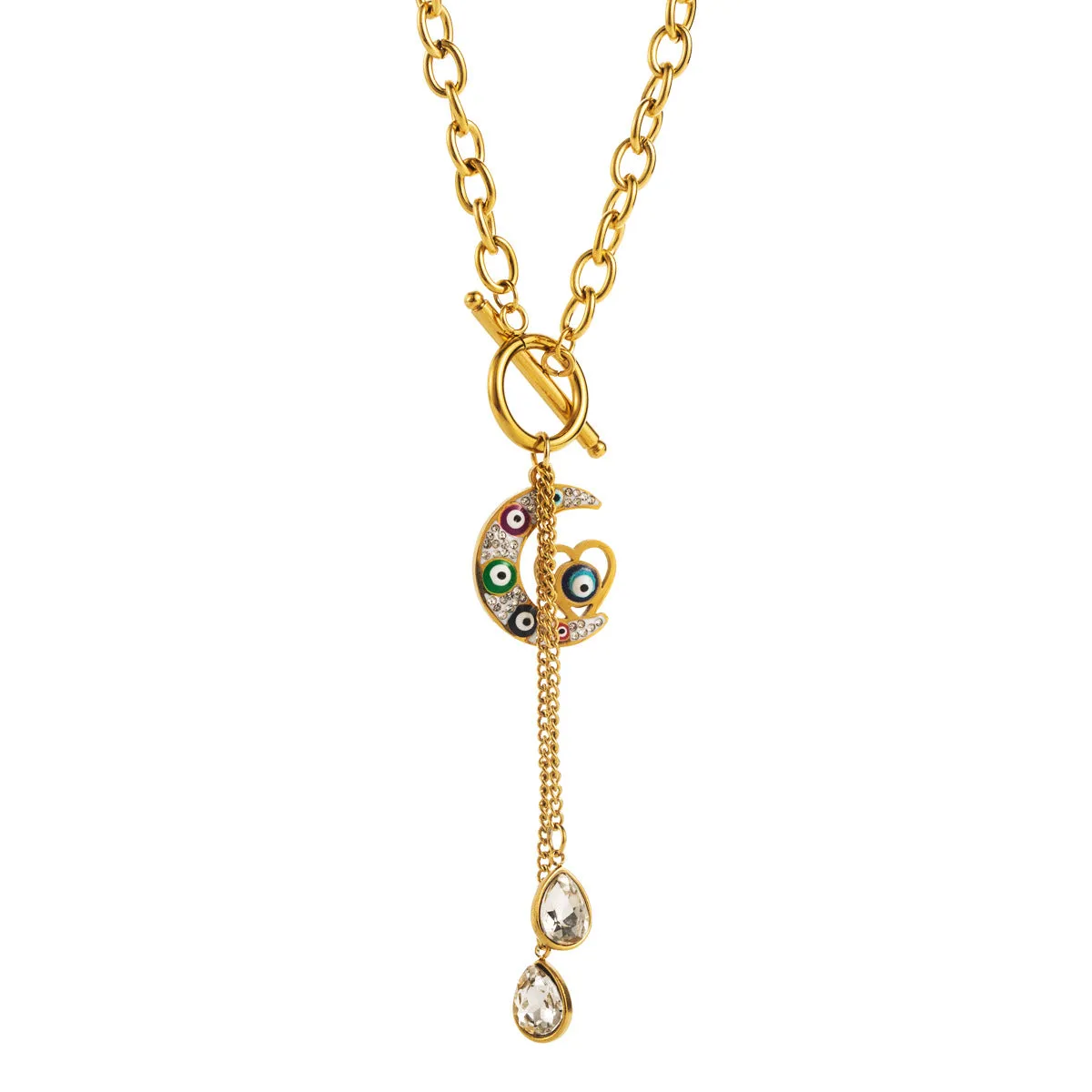 Wholesale Evil Eye Palm Moon Tassel Rhinestone Titanium Steel Necklace