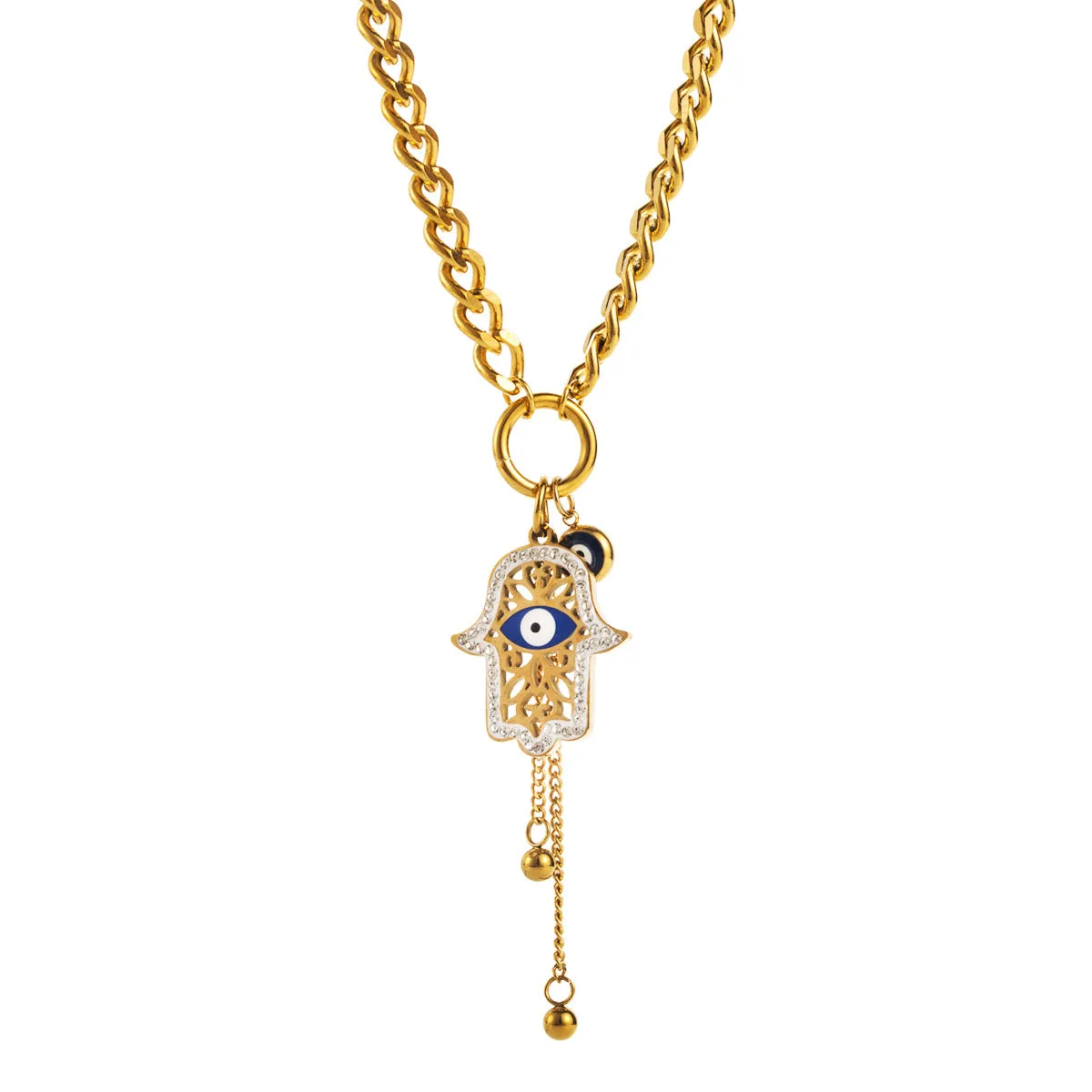 Wholesale Evil Eye Palm Moon Tassel Rhinestone Titanium Steel Necklace
