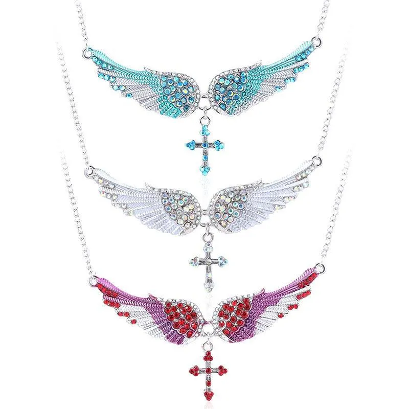 Wholesale Exaggerated Angel Wing Diamond Cross Necklace