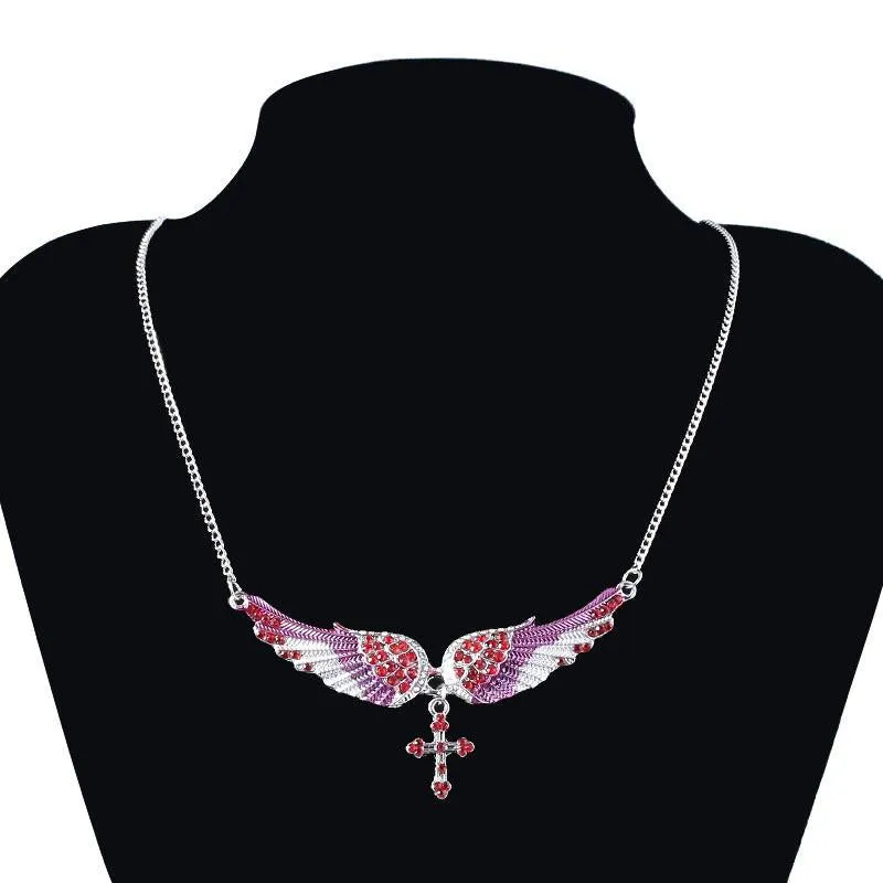 Wholesale Exaggerated Angel Wing Diamond Cross Necklace