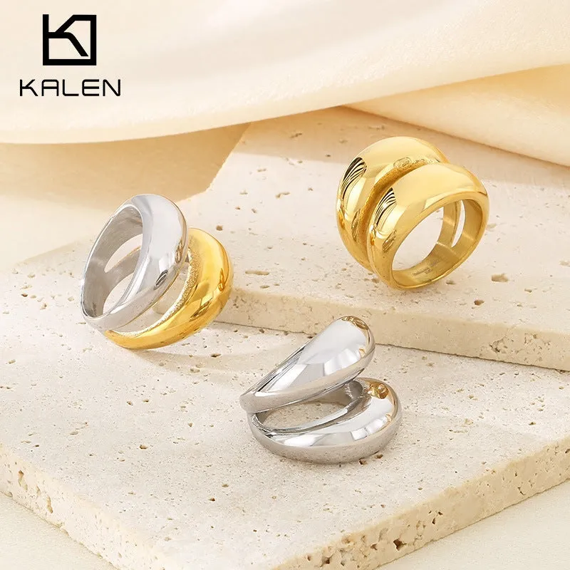 Wholesale Fashion Exaggerated Gold Arc Top Mirror Polished Electroplated 18k Real Gold Titanium Steel Double Row Rings light_wish_jewels