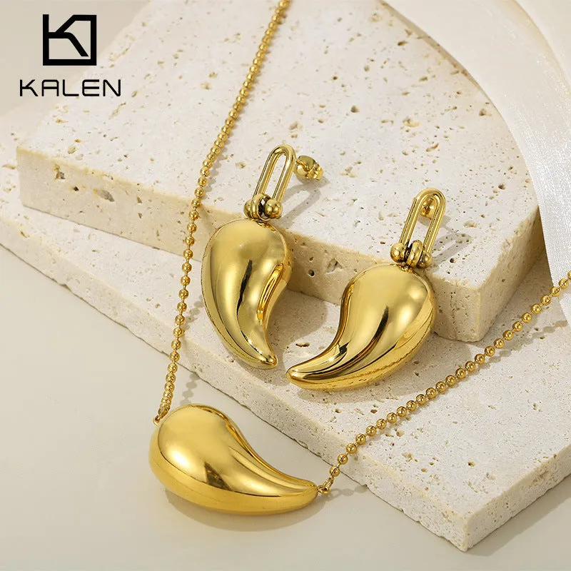 Wholesale Fashion High-end Design Chubby Water Drop Earrings Stainless Steel Hollow Necklace Temperament All-match Set light_wish_jewels