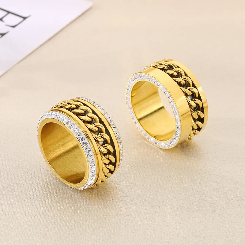 Wholesale Fashion Hip-hop Side Diamond Chain Atmospheric Gold Wide Face Full Diamond Stainless Steel Rings light_wish_jewels