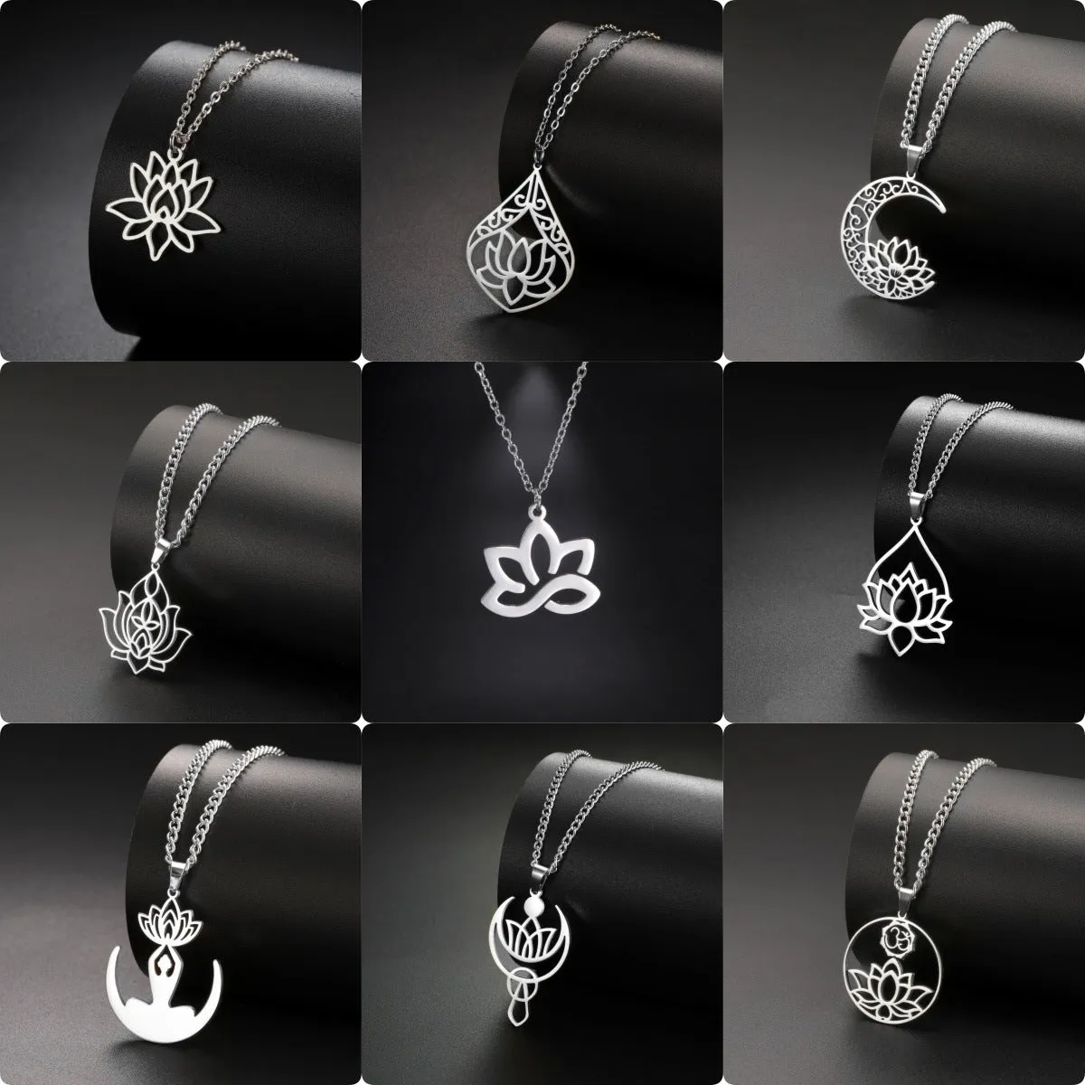 Wholesale Fashion Hollow Lotus Moon Stainless Steel Women's Necklace light_wish_jewels
