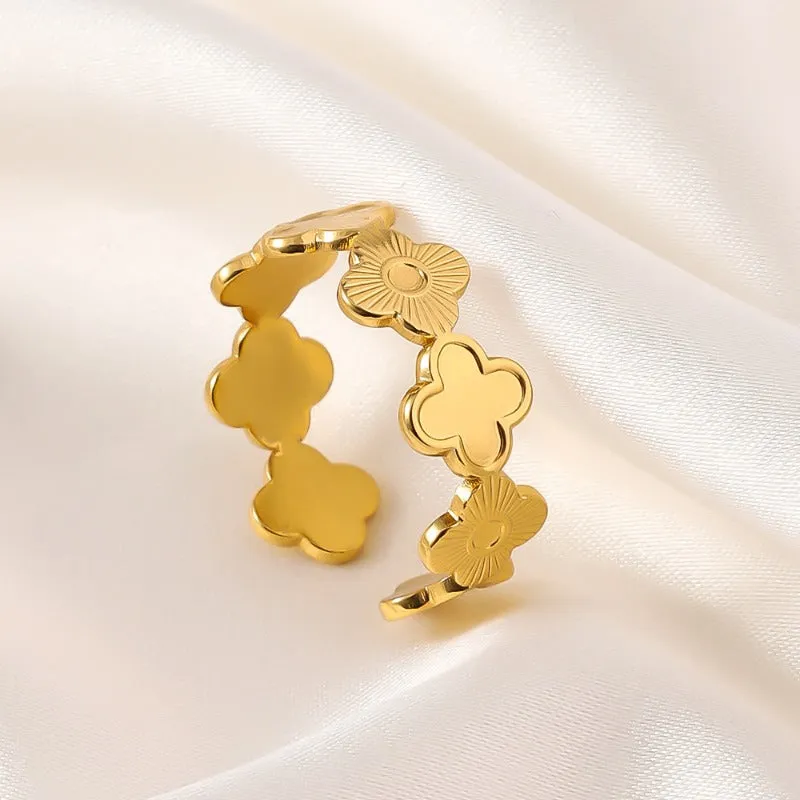 Wholesale Fashion Niche Design High-end Titanium Steel Clover Flower Opening Adjustable Gold-plated Rings light_wish_jewels