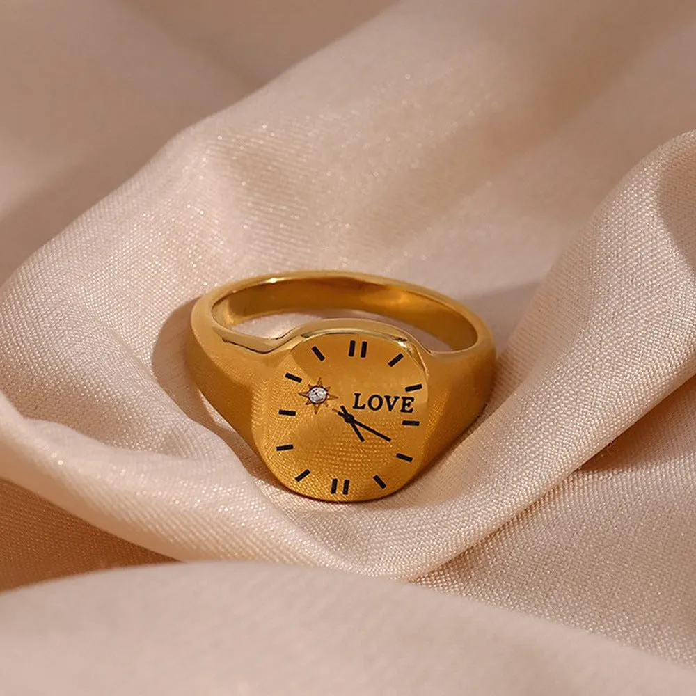 Wholesale Fashion Stainless Steel Plated 18K Gold LOVE Zircon Clock Ring light_wish_jewels