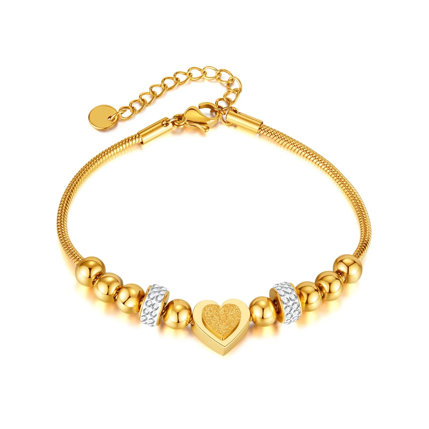 Wholesale Fashion Zircon Three-dimensional Frosted Heart Stainless Steel Beaded Bracelet light_wish_jewels