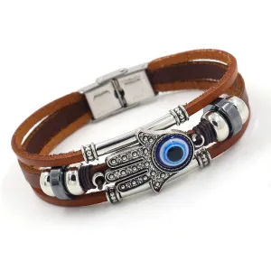 Wholesale Fatima Palm Devil Eyes Beaded Multi Layer Braided Stainless Steel Bracelet light_wish_jewels