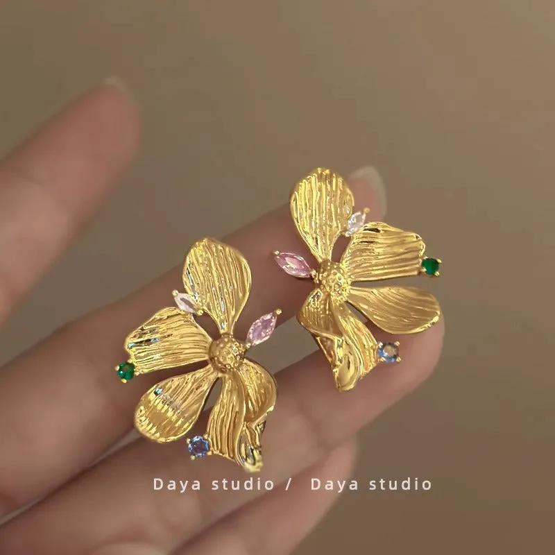 Wholesale Gold-plated Color Zircon Metal Flower Earrings light_wish_jewels