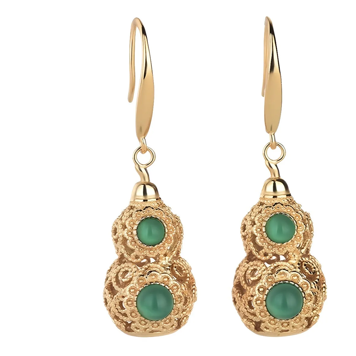 Wholesale gold plated craft hollow gourd chalcedony design retro earrings light_wish_jewels