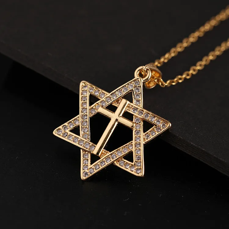 Wholesale Gold-plated micro-paved zircon star pendant cross necklace light_wish_jewels