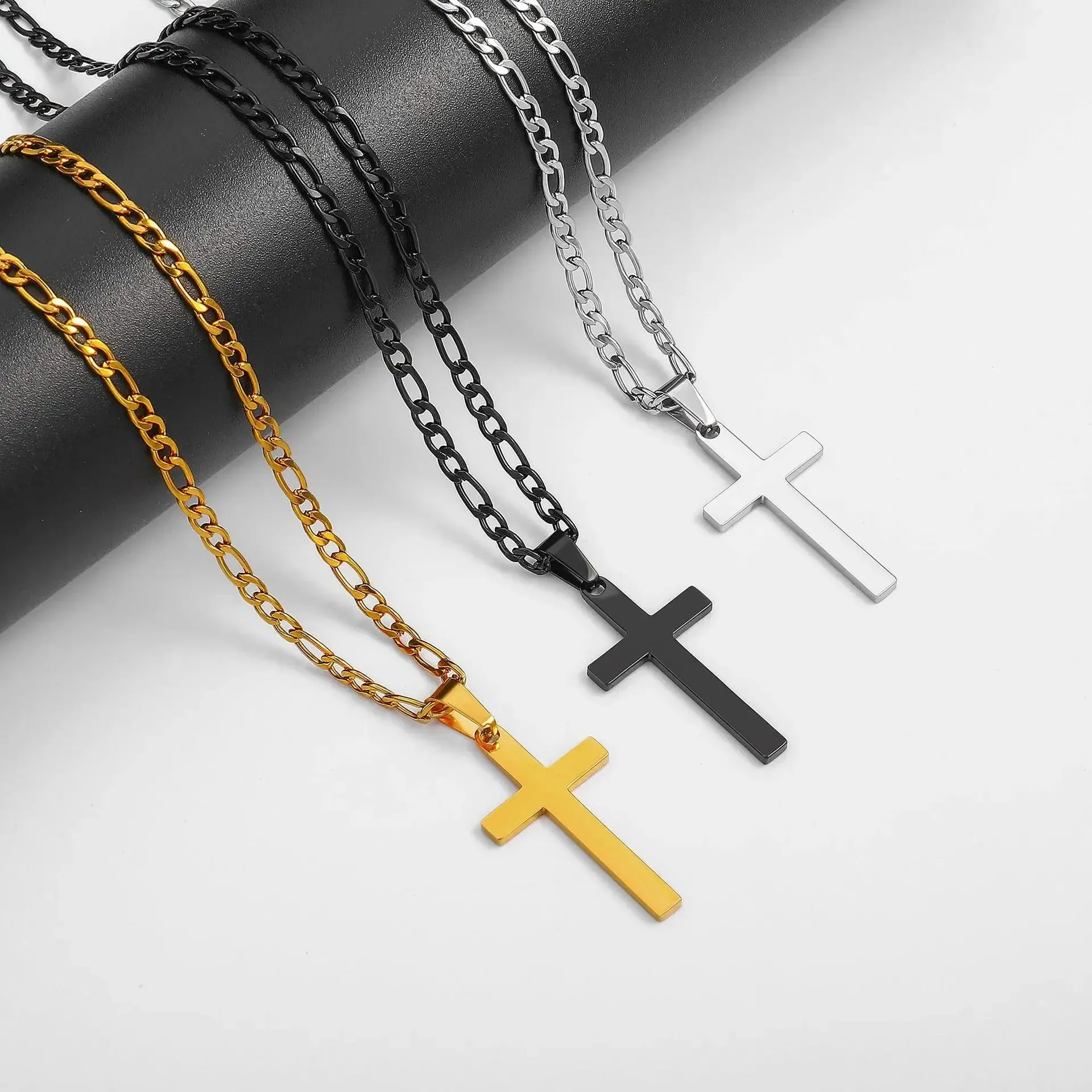 Wholesale Gold Plated Stainless Steel Cross Necklace Men's Figaro Chain