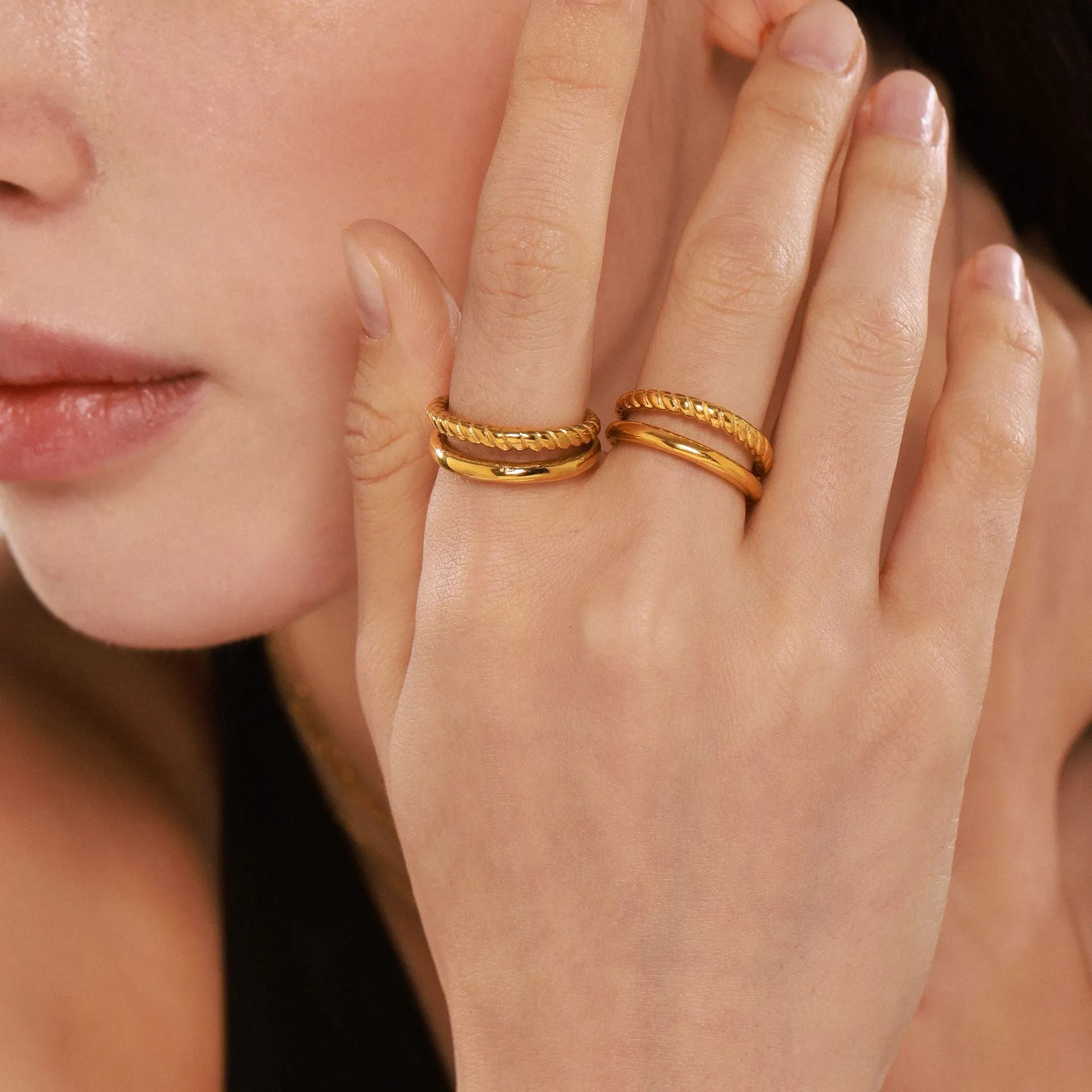 Wholesale Gold-plated twisted double-layer open stainless steel ring light_wish_jewels