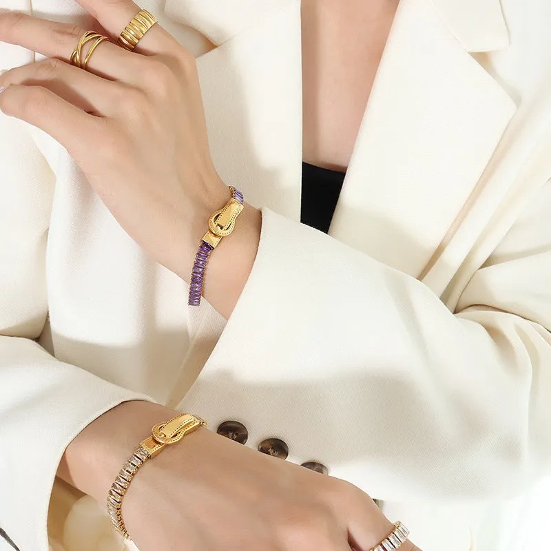 Wholesale gold-plated zircon double-sided iron buckle design titanium steel four-corner buckle bracelet light_wish_jewels