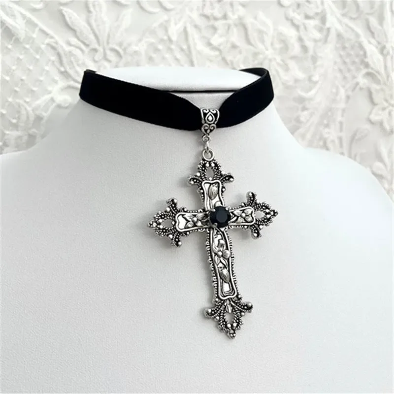 Wholesale Gothic Black Gemstone Cross Velvet Necklace