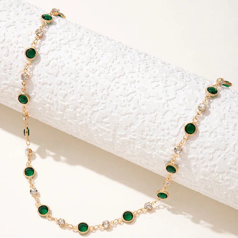 Wholesale Green Zircon Niche Personality Retro Diamond Short Necklace Clavicle Chain