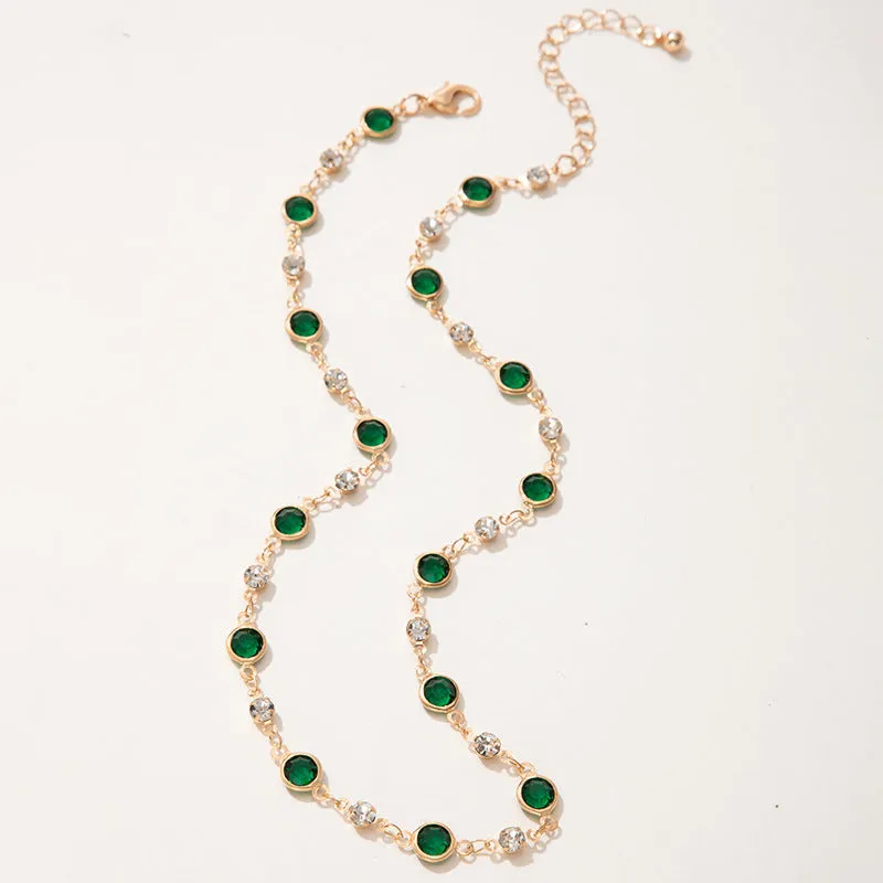 Wholesale Green Zircon Niche Personality Retro Diamond Short Necklace Clavicle Chain