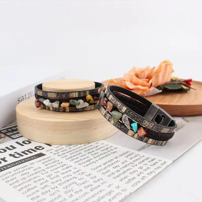 Wholesale Hand-woven natural stone multi-layered leather bracelet light_wish_jewels