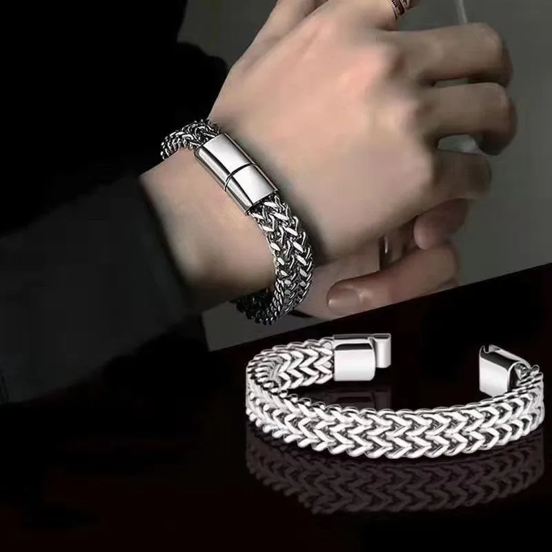 Wholesale Hip-hop Stainless Steel Front and Back 8*4mm Fish Scale Double Row Front and Back Punk Bracelet light_wish_jewels