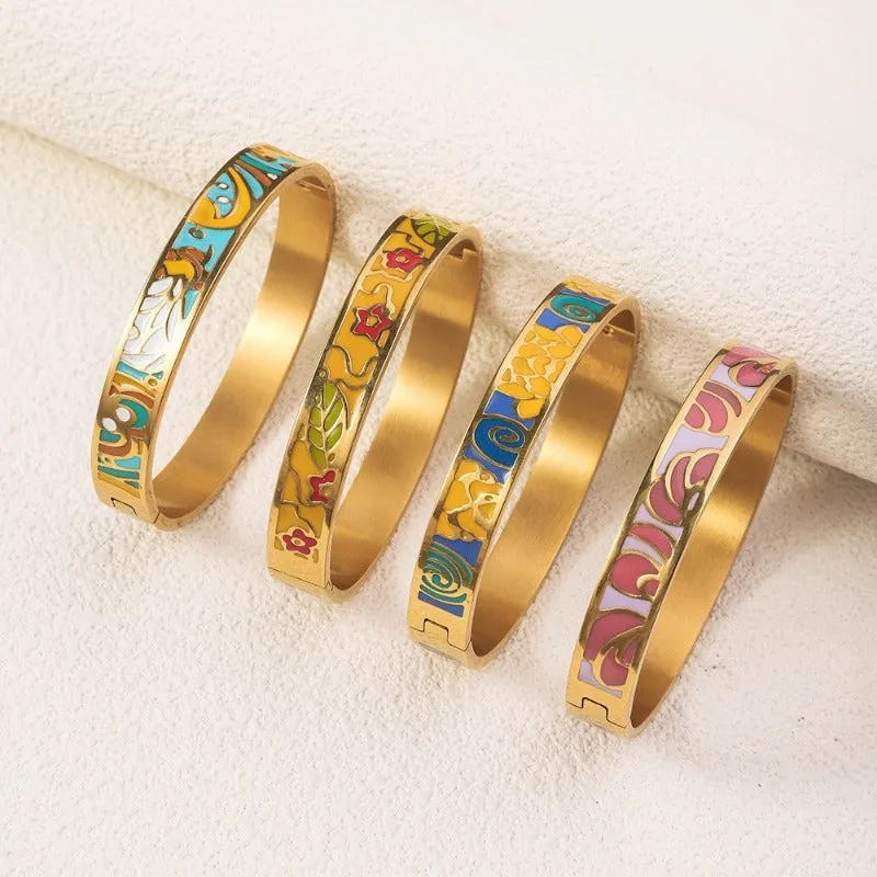 Wholesale Luxury Stainless Steel Enamel Drip Oil 18K Genuine Gold Plated Titanium Steel Bracelet