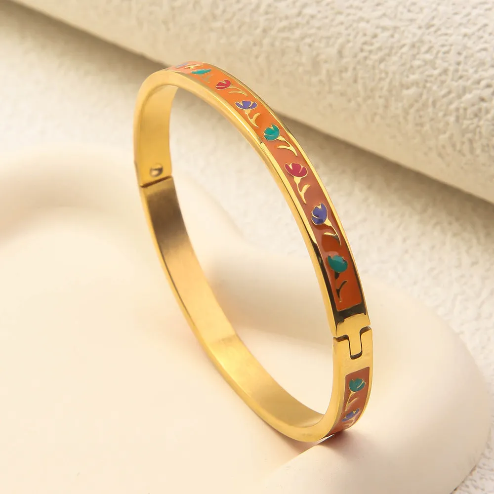 Wholesale Luxury Stainless Steel Enamel Drip Oil 18K Genuine Gold Plated Titanium Steel Bracelet