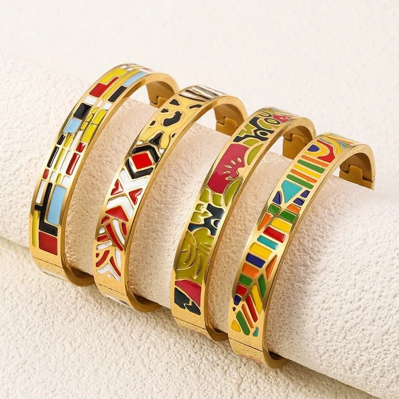 Wholesale Luxury Stainless Steel Enamel Drip Oil 18K Genuine Gold Plated Titanium Steel Bracelet