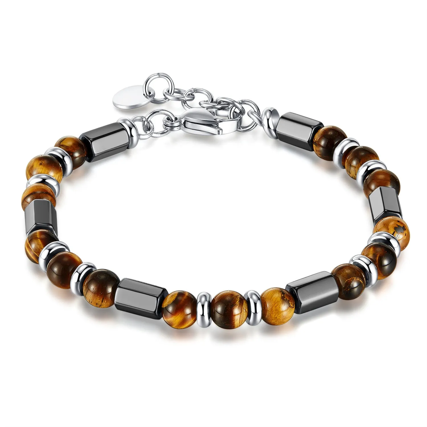 Wholesale Maillard Geometric Tiger Eye Stone Stainless Steel Beaded Chain Men's Bracelet light_wish_jewels