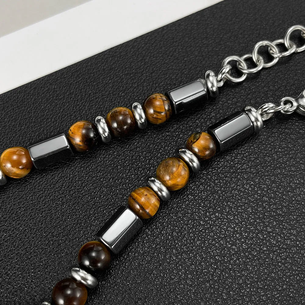 Wholesale Maillard Geometric Tiger Eye Stone Stainless Steel Beaded Chain Men's Bracelet