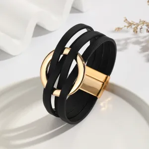 Wholesale Metal Leather Cross Women's Large Hoop Cuff Multi-layer Wristband Magnetic Clasp Bracelet light_wish_jewels