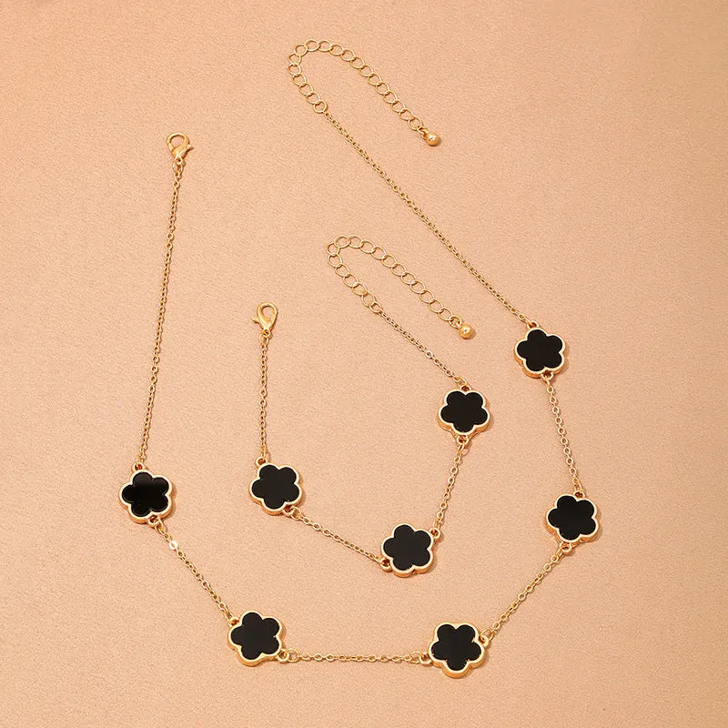 Wholesale Metal New Five Leaf Clover Flower Bracelet Necklace Earrings Ring Jewelry suit