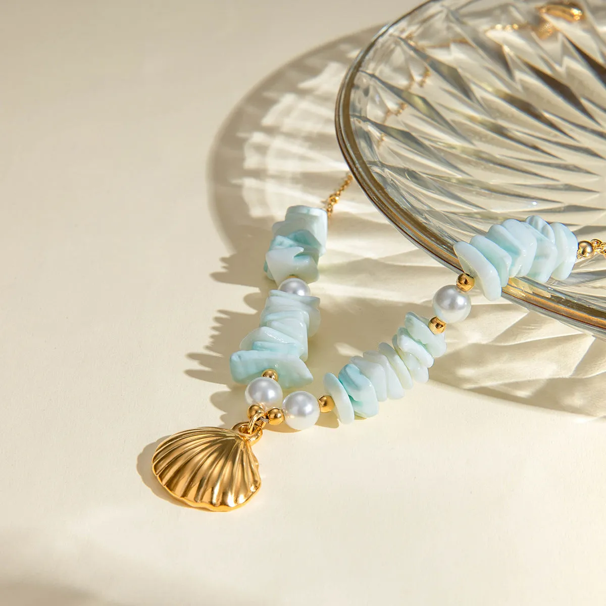Wholesale Mint Green Pearl Shell 18k Stainless Steel Necklace