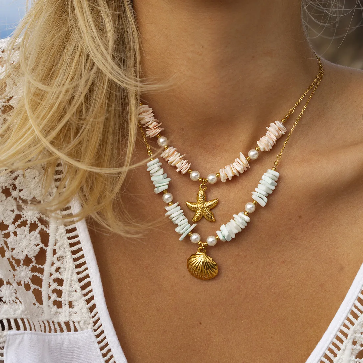 Wholesale Mint Green Pearl Shell 18k Stainless Steel Necklace light_wish_jewels