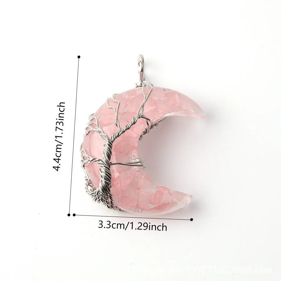 Wholesale Moon Wrap Tree of Life Gravel Pendant Resin Stainless Steel Chain Tooth Necklace