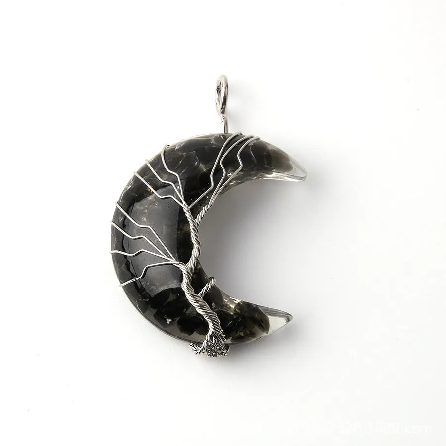 Wholesale Moon Wrap Tree of Life Gravel Pendant Resin Stainless Steel Chain Tooth Necklace