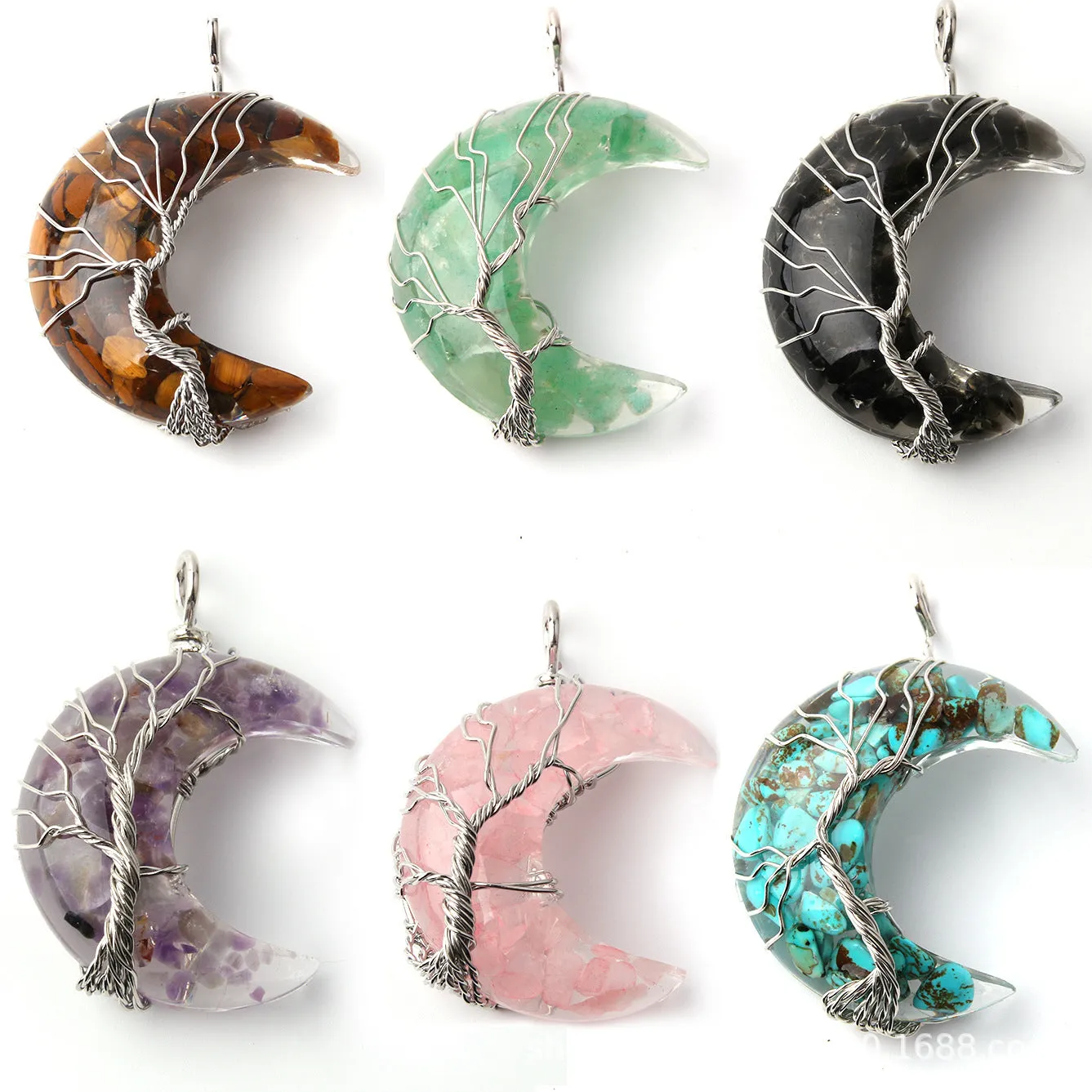 Wholesale Moon Wrap Tree of Life Gravel Pendant Resin Stainless Steel Chain Tooth Necklace light_wish_jewels
