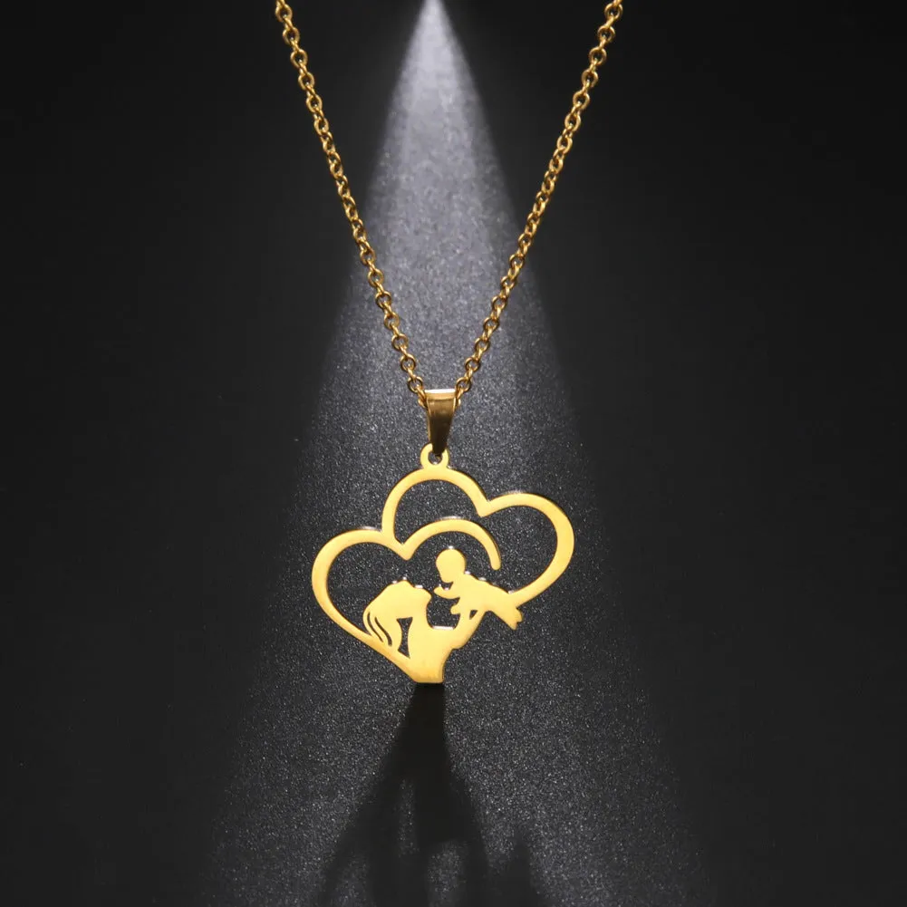 Wholesale Mother's Day Hollowed Out Stacked Love Mother Holding Baby Silhouette Stainless Steel Necklace light_wish_jewels