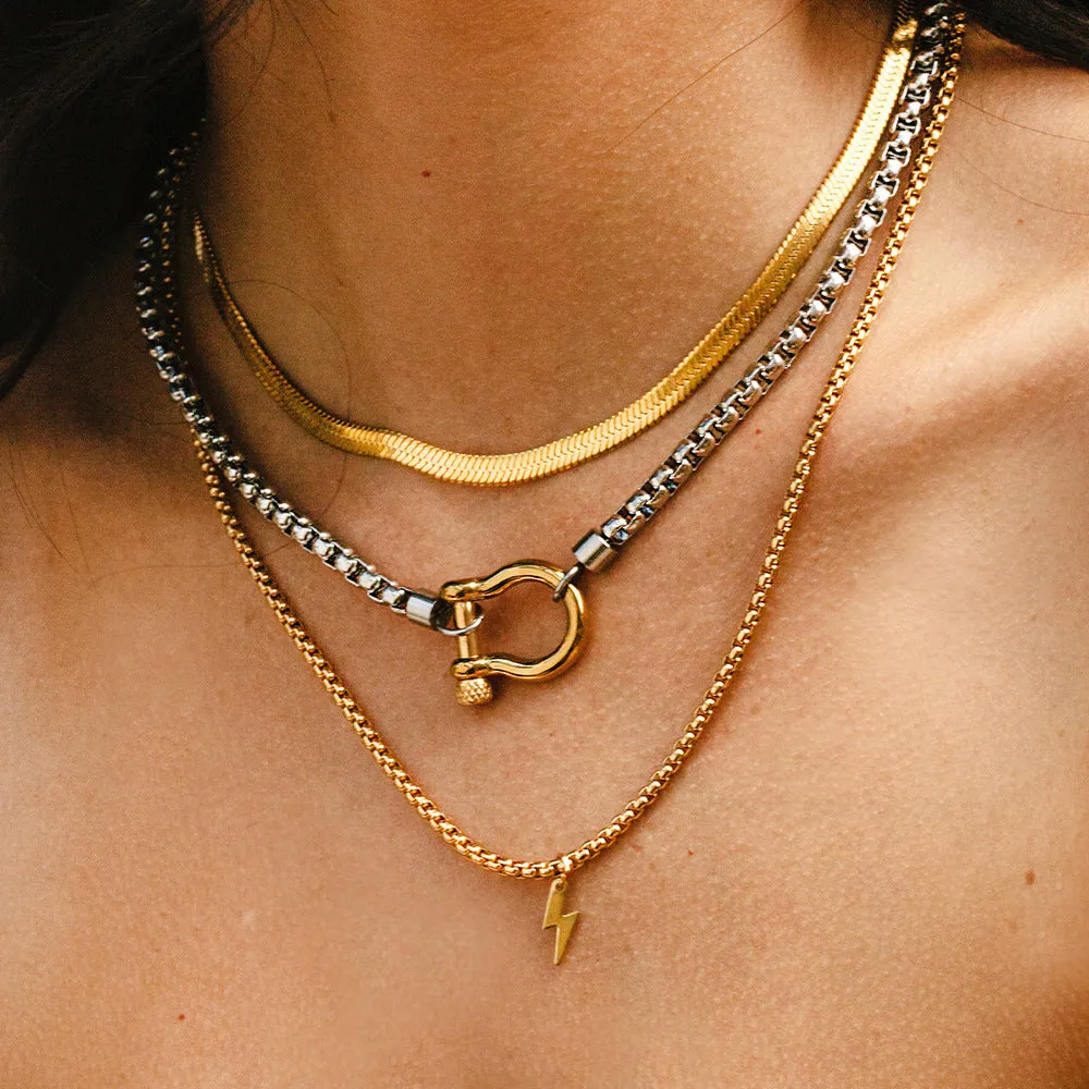 Wholesale Mountaineering buckle necklace 18k gold-plated stainless steel box chain necklace for women and men light_wish_jewels