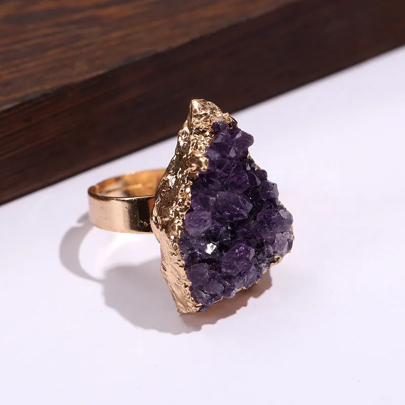 Wholesale Natural Amethyst Cluster Gold-plated Open Ring light_wish_jewels