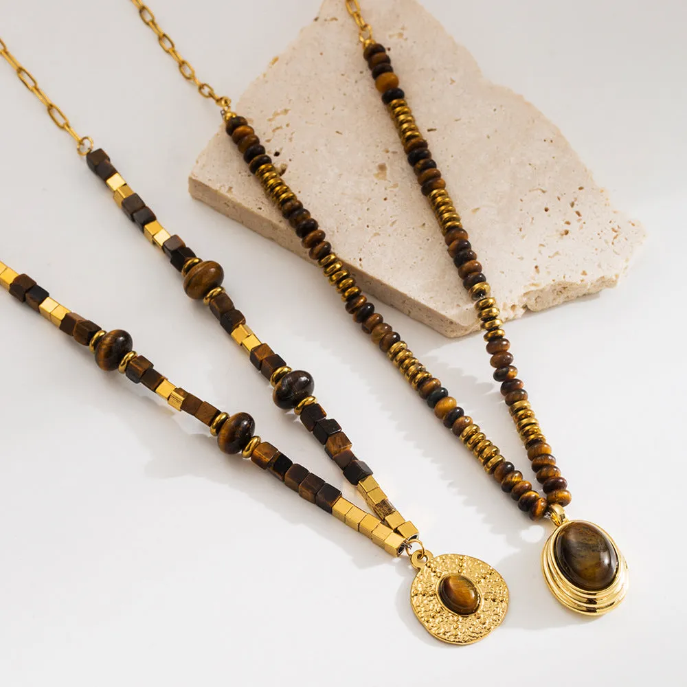 Wholesale Natural Tiger's Eye Stone Niche Premium Sense Maillard Wind Neck Chain Geometric Vintage Titanium Steel Clavicle Necklace light_wish_jewels