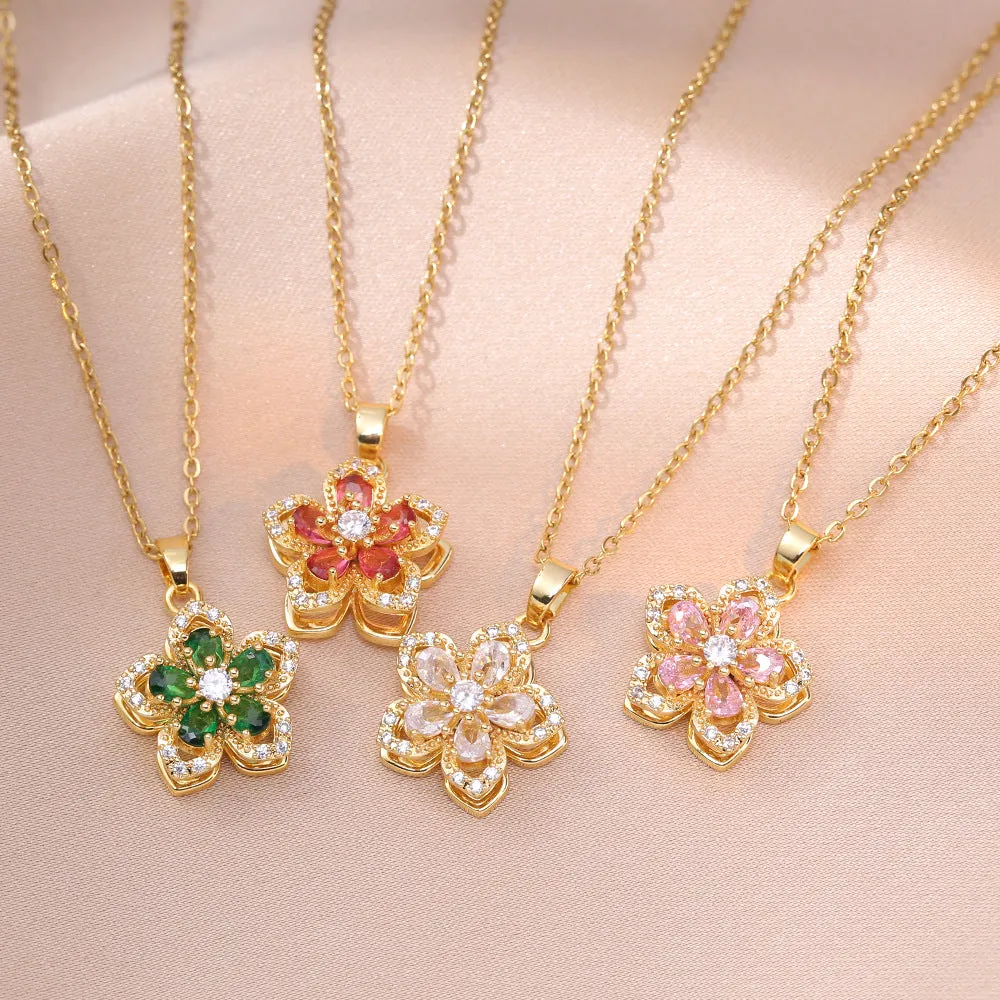 Wholesale Necklace rotating bauhinia zircon flower pendant temperament titanium steel necklace light_wish_jewels