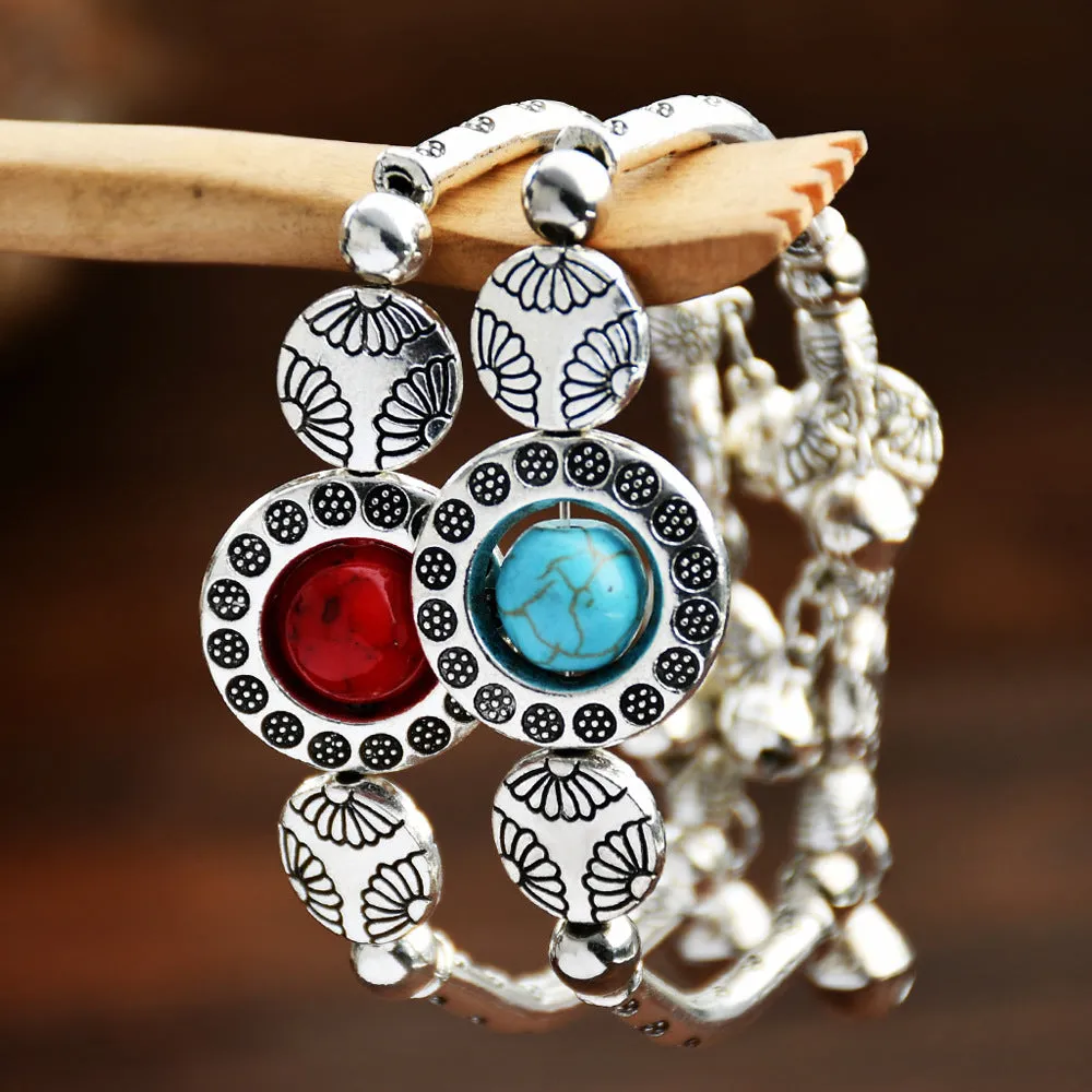 Wholesale Nepalese ethnic style Tibetan silver bell bracelet niche vintage turquoise bracelet light_wish_jewels
