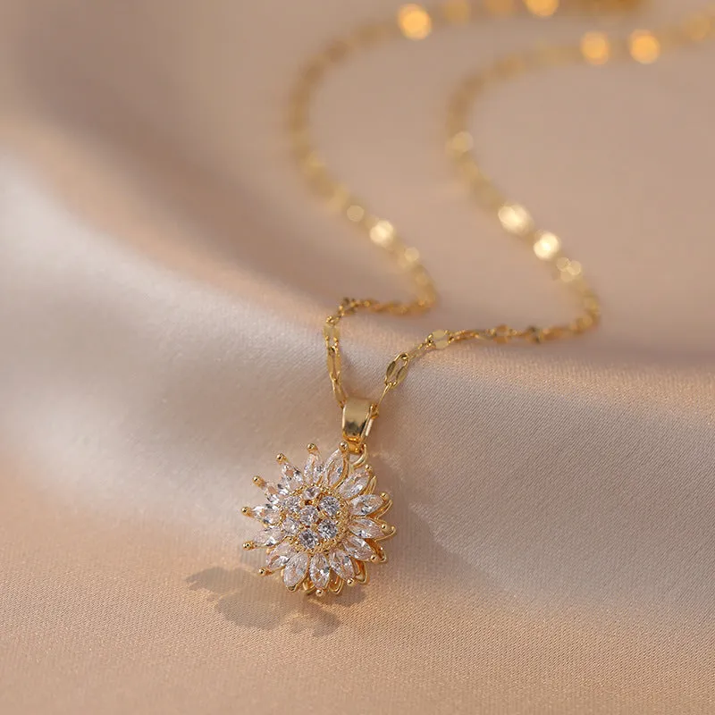 Wholesale New Arrival Diamond-encrusted Sunflower Ins Ring Rotatable Clavicle Chain Jewelry
